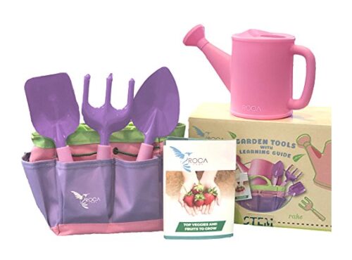 this is an image of a pink garden tools with STEM learning guide for little girls.