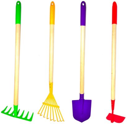 This is an image of Gard tool set with Rake, Spade, Hoe and Leaf Rake 