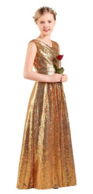 This is an image of a little girl wearing a gold sequin dress. 