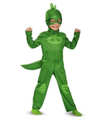 This is an image of a green super hero Gekko costume for kids. 