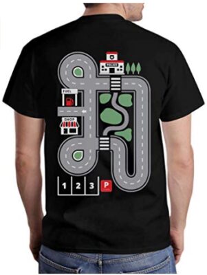 This is an image of kid's T shirt with funny car map and graphics in black color
