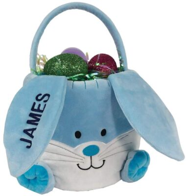 This is an image of kid's easter basket bunny prefilled in white and blue colors