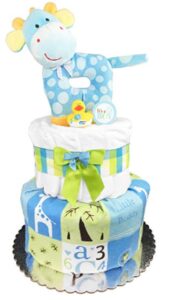 this is an image of a diaper cake in giraffe theme for baby boys. 