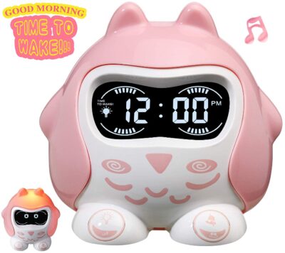 this is an image of Girls alarm clock for bedroom kids, children's trainer, toddler clock. plug in kids alarm clock with night light.