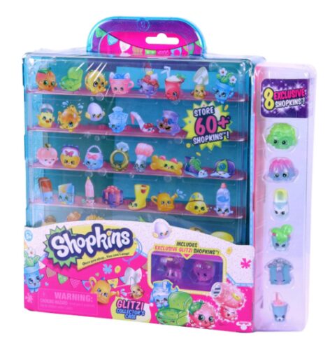 this is an image of a shopkinglitter collector case with 8 action figures for little girls. 