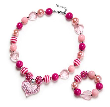 this is an image of a glitter heart necklace and bracelet set for little girls. 