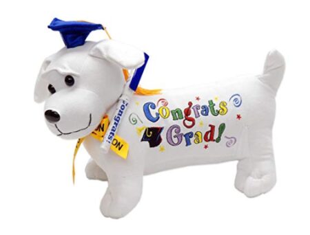 This is an image of a stuffed dog with pen and printed texts. 