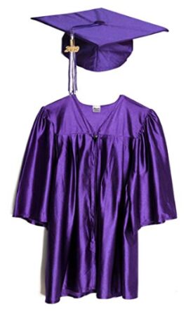 This is an image of a glossy purple graduation gown and cap with tassel. 