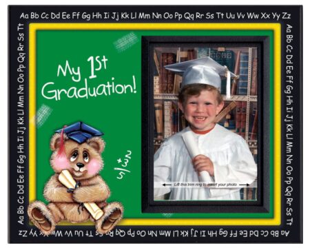 This is an image of a picture of kid wearing gradution gown and cap inside a graduation photo frame. 