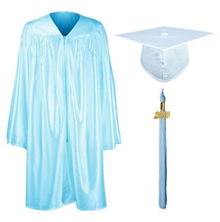 This is an image of a sky blue graduation gown with cap and 2024 tassel for kindergarten and preschool kids. 