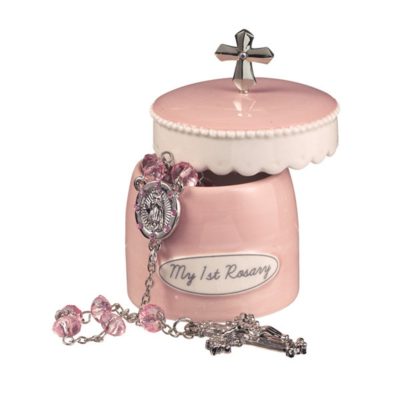 This is an image of a pink rosary with a keepsake box designed for baby girls. 