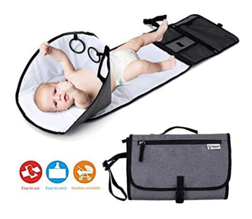 this is an image of a grey compact foldable waterproof cushioned diaper changing mat for babies. 