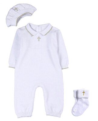 This is an image of a white baptism outfit set for baby boys. 