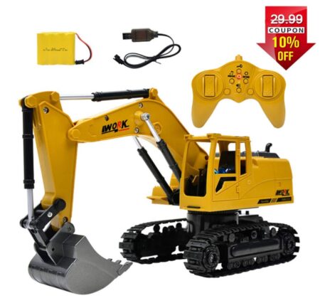 This is an image of a yellow RC truck excavator toy with flash lights and sound. 