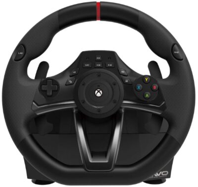This is an image of Racing wheel by HORI for Xbox one in black color