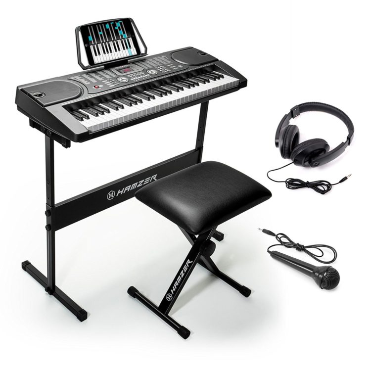 digital keyboard with stand, microphone and headphones