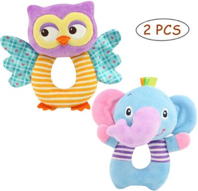 This is an image of baby's two rattles toy in animals design with colorful colors