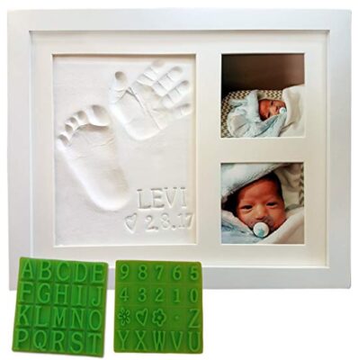 this is an image of a handprint & footprint photo frame kit for moms. 