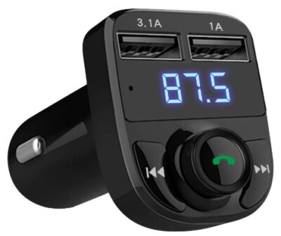 this is an image of a dual USB car charger with bluetooth, hands free, car battery voltage and music playing function feature. 