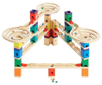 this is an image of a wooden marble run construction designed for the whole family. 