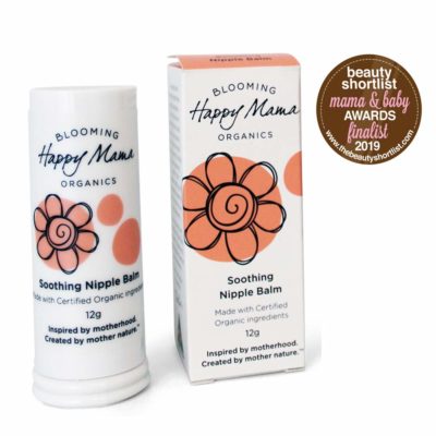 tub of cream and box with branded logo saying "Happy Mama Organics"