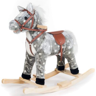 This is an image of kid's rocking horse ride on in gray and white colors
