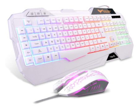 This is an image of a white keyboard and gaming mouse with rainbow color backlit. 