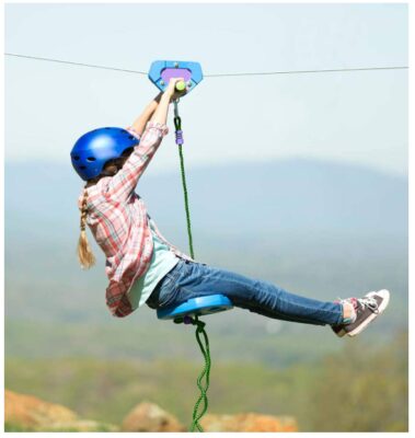 this is an image of a 150-foot blue zipline kit designed for kids. 