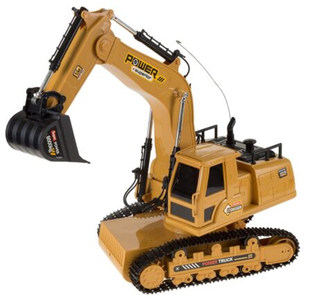 This is an image of a yellow RC excavator toy vehicle. 