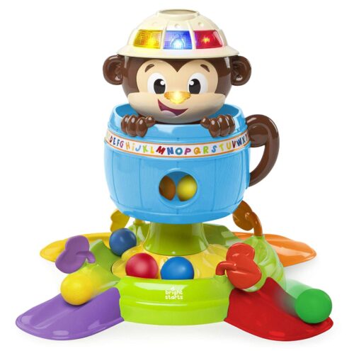 this is an image of a hide and spin monkey toy for kids.