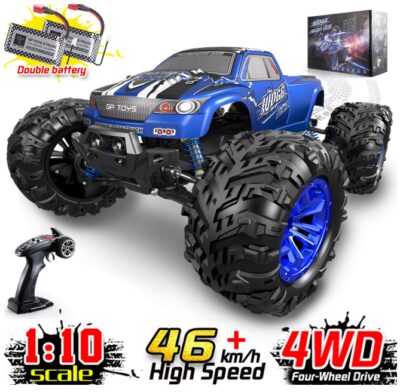 This is an image of 4WD Remote control truck in black and blue colors