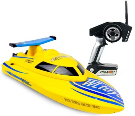 This is an image of Bright yellow DeXop RC boat 
