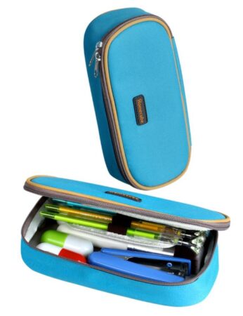 This is an image of a large blue pencil holder. 