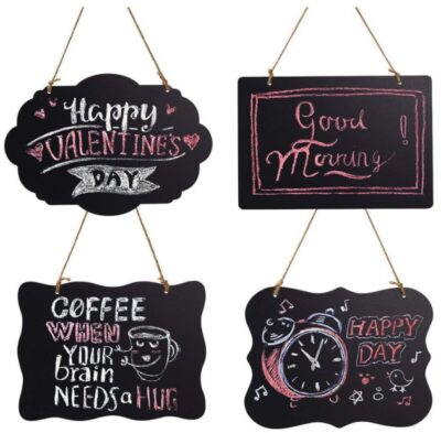 this is an image of a 4 pack chalkboard sign with hanging strings. 