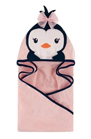 This is an image of a pink penguin towel for babies. 