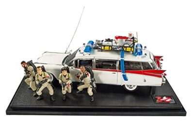this is an image of an Elite Ghostbusters Ecto-1 vehicle toy with 4 figures. 