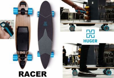 This is an image of a black electric longboard by Huger. 