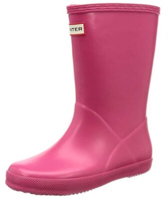 this is an image of kid's hunter classic rain boot in pink color