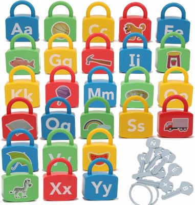 This is an image of a 26 piece locks and 26 piece keys by IQ Toys.