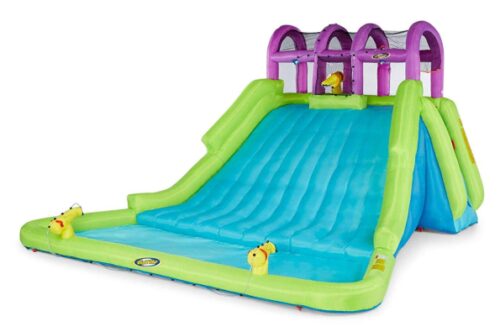 this is an image of a inflatable backyard pool and slide for kids. 