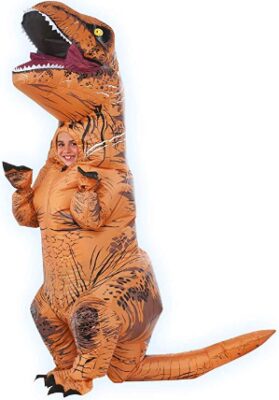 this is an image of a child wearing a small size inflatable costume. 