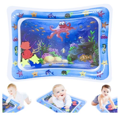 this is an image of an inflatable tummy time water mat for 7 month old toddlers. 