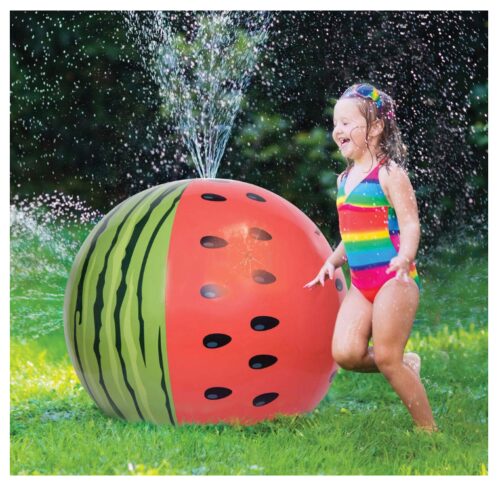 this is an image of an inflatable watermelon sprinkler for kids.