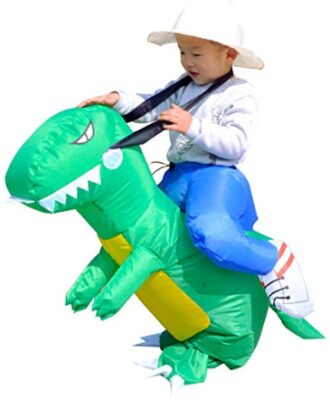 this is an image of a kid wearing an inflatable rider costume. 