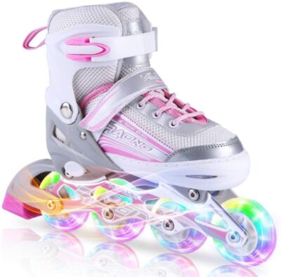 This is an image of kids roller blade skate in white and pink colors