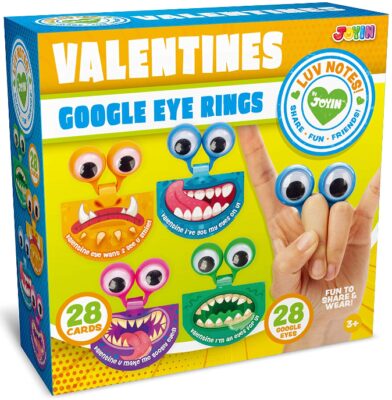 This is an image of boy's valentines day gifts googly eye rings pack