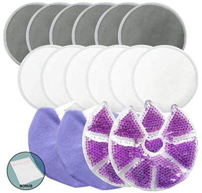 this is an image of a 12 bamboo fiber cloth nursing pads and 2 therapy gel pads for moms. 