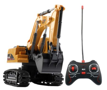 This is an image of a yellow crawler excavator toy vehicle with remote control. 