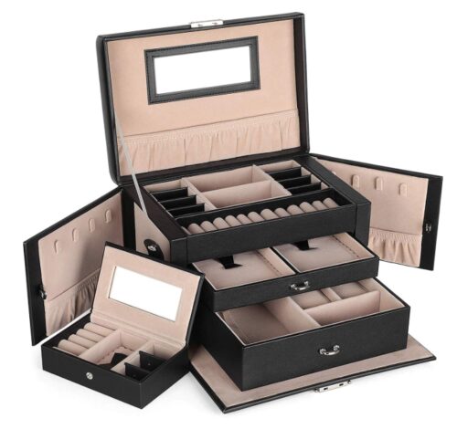 this is an image of a black jewelry box for girls. 