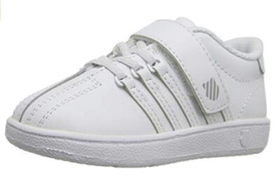 this is an image of a white classic hoop and loop closure sneaker for kids. 